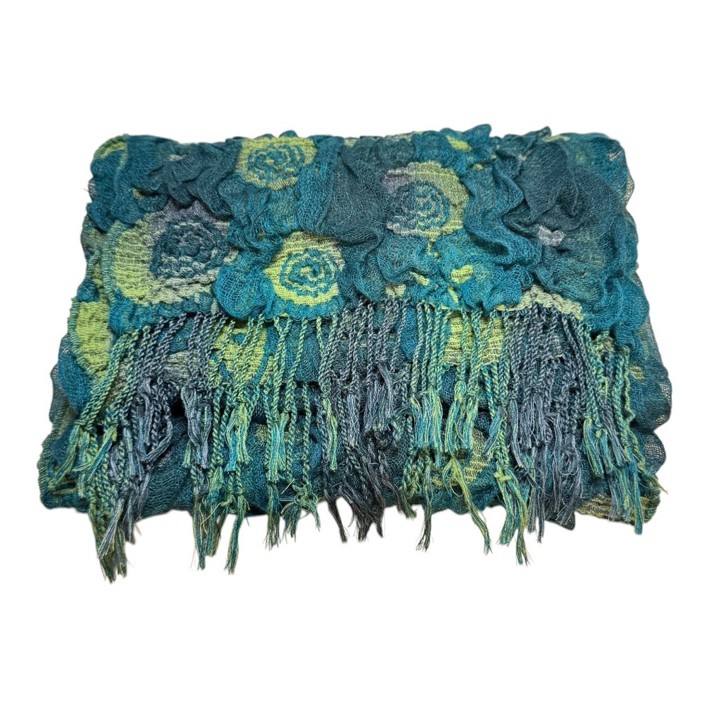 Unique Floral Scarf in Blues & Greens, Textured Flowers with Fringe - Picture 2 of 12
